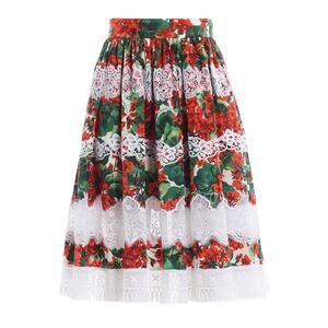 NWT Dolce & Gabbana Red Portofino Geranium Poplin Lace Midi Skirt IT 42 US M